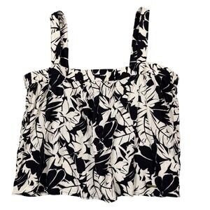 Michael Kors Linen Blend Tank Top Black & White Tropical Palm Floral XL Women's